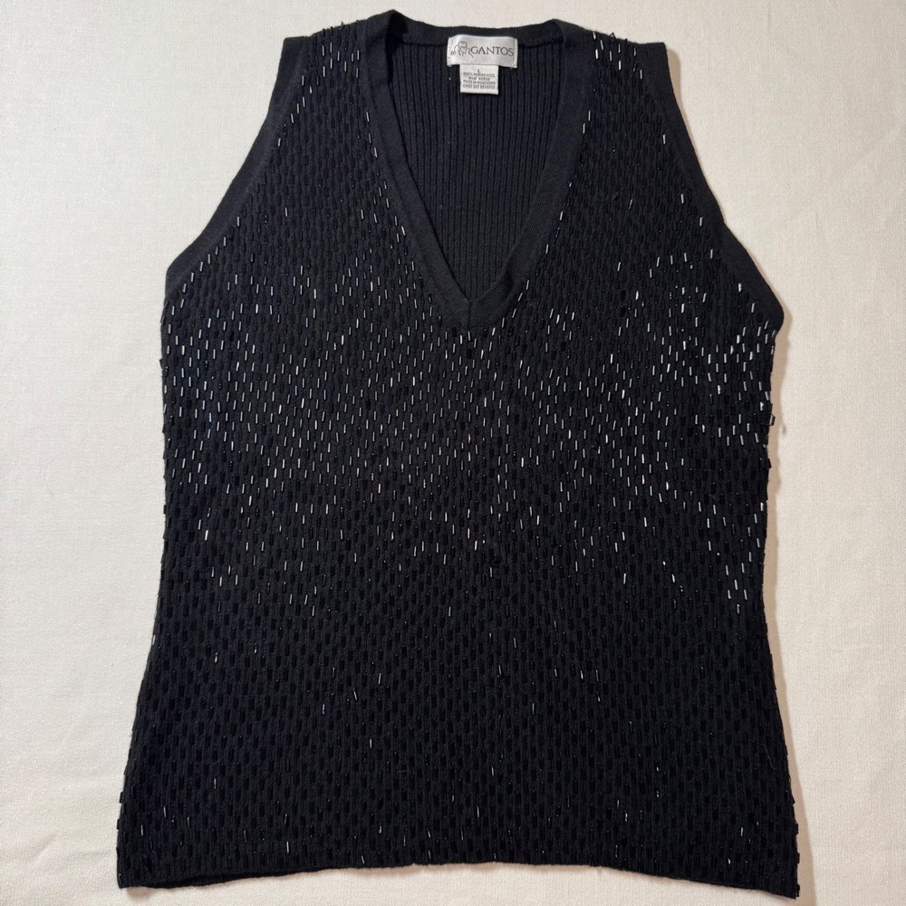 Vtg 100% Merino Wool GANTOS Black Beaded V Neck Sweater Vest  Women's Size Large